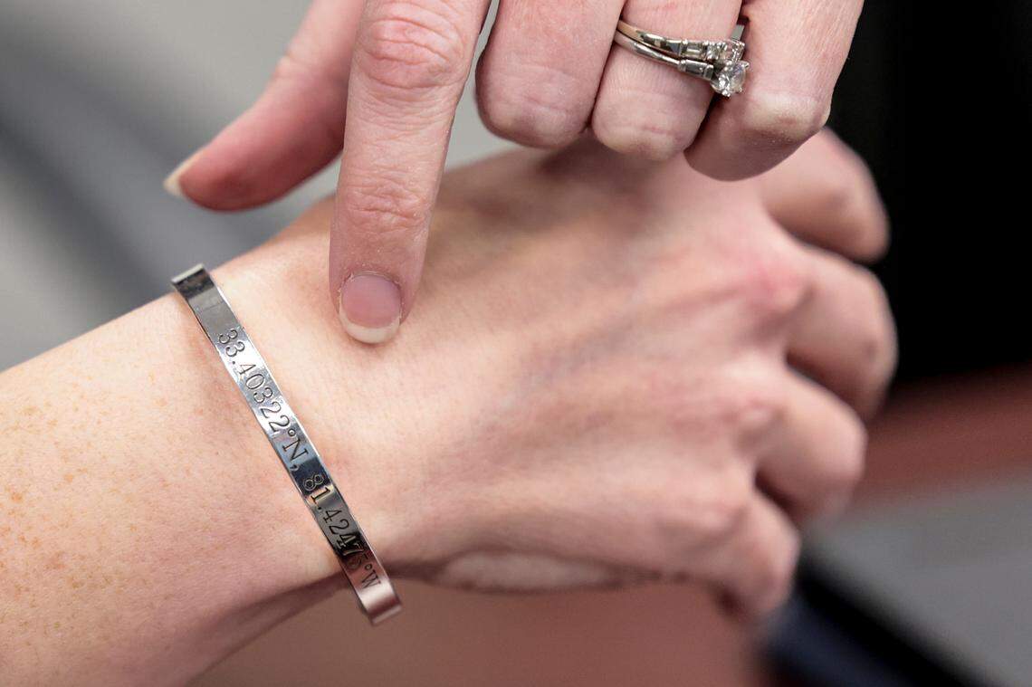 Adair Boroughs always wears a bracelet given to her from the congregation at Ned Branch Church in her home town of Williston, S.C. it has the longitude and latitude of the small town.