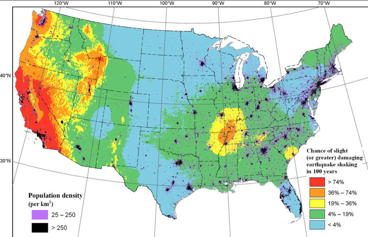 Map showing the chance of damaging earthquake shaking in 100 years from the 2018 NSHM.