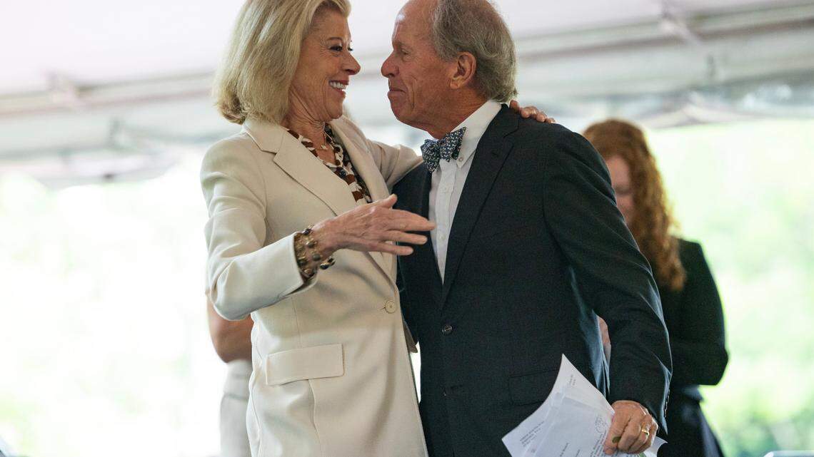 Bonnie and Peter McCausland celebrate with University of South Carolina faculty, students and staff after announcing a $75 million gift and the naming of the McCausland College of Arts and Sciences on Wednesday, April 23, 2025.