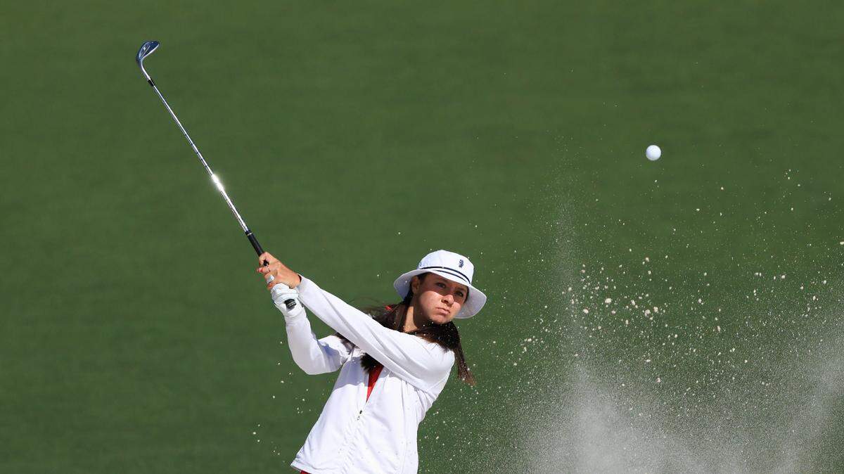 Anna Davis of the United States plays a stroke from a bunker on the No. 2 hole during the final round of the Augusta National Women’s Amateur at Augusta National Golf Club, Saturday, April 2, 2022.