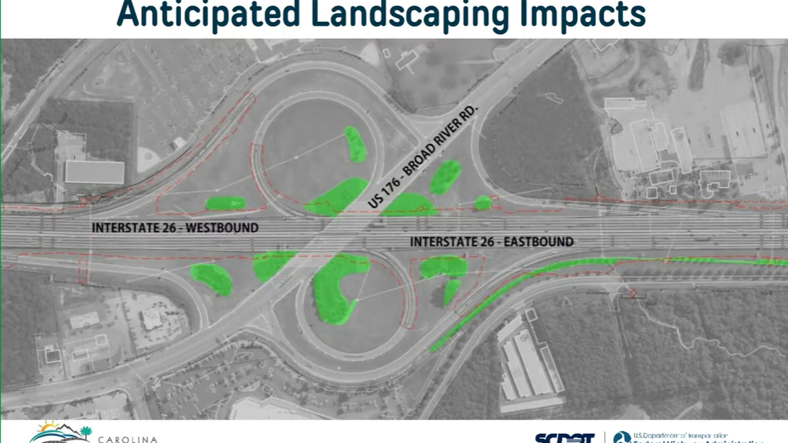 Trees that will likely need to be removed for work on the I-26/Broad River Road interchange in Irmo are highlighted.