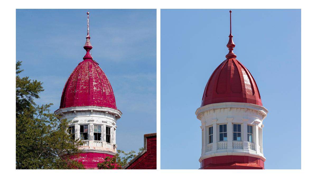 The cupola of the historic Babcock Building at the South Carolina State Hospital, left, and the restored cupola on the same building in the BullStreet District that was renovated into apartments.