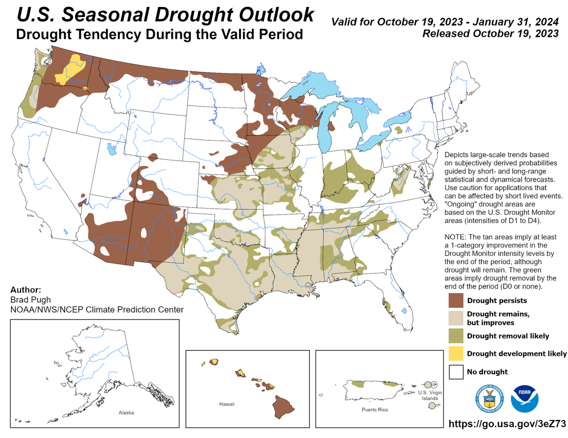 A map showing predicted improvement in drought conditions across the U.S. through January.