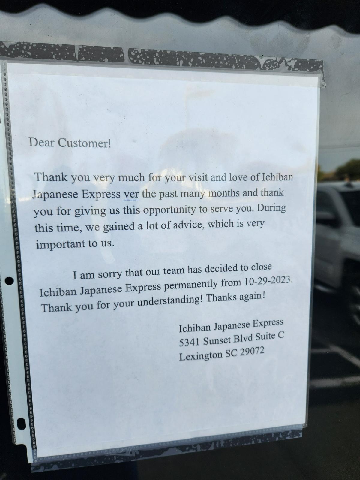A note on the front door of Ichiban Japanese Express in Lexington says it recently closed up shop.