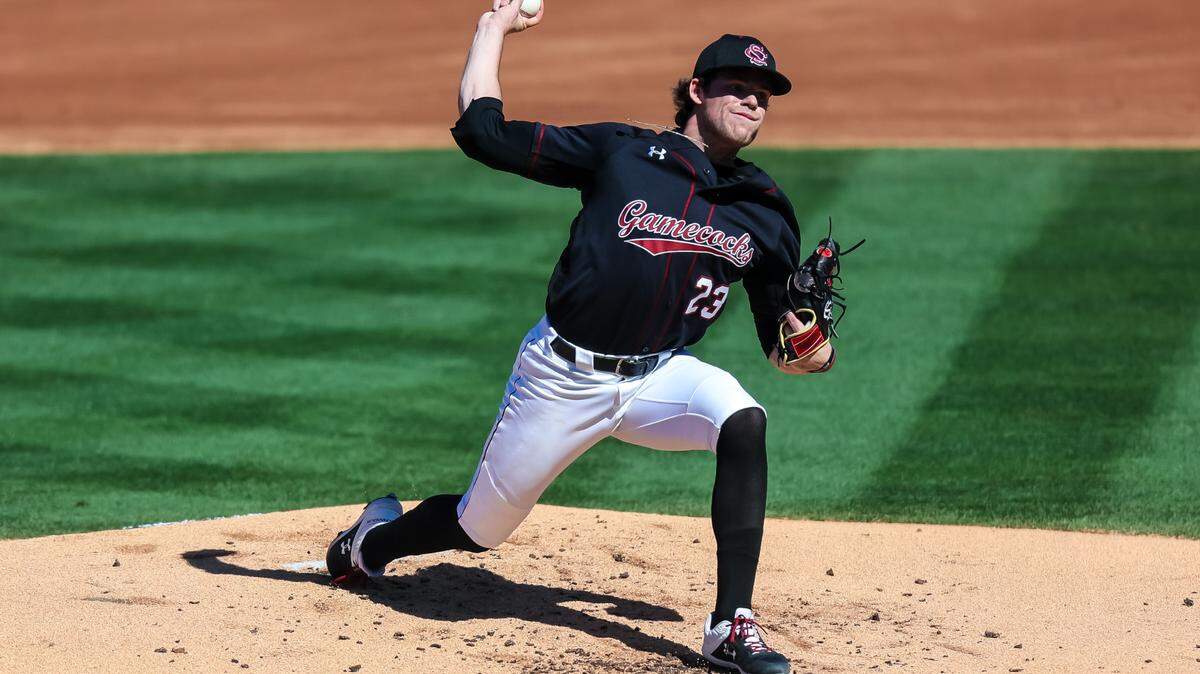 South Carolina Gamecocks pitcher Jack Mahoney (23) pitches against the Clemson Tigers during the game at Founders Park in Columbia, SC, March 5, 2023.