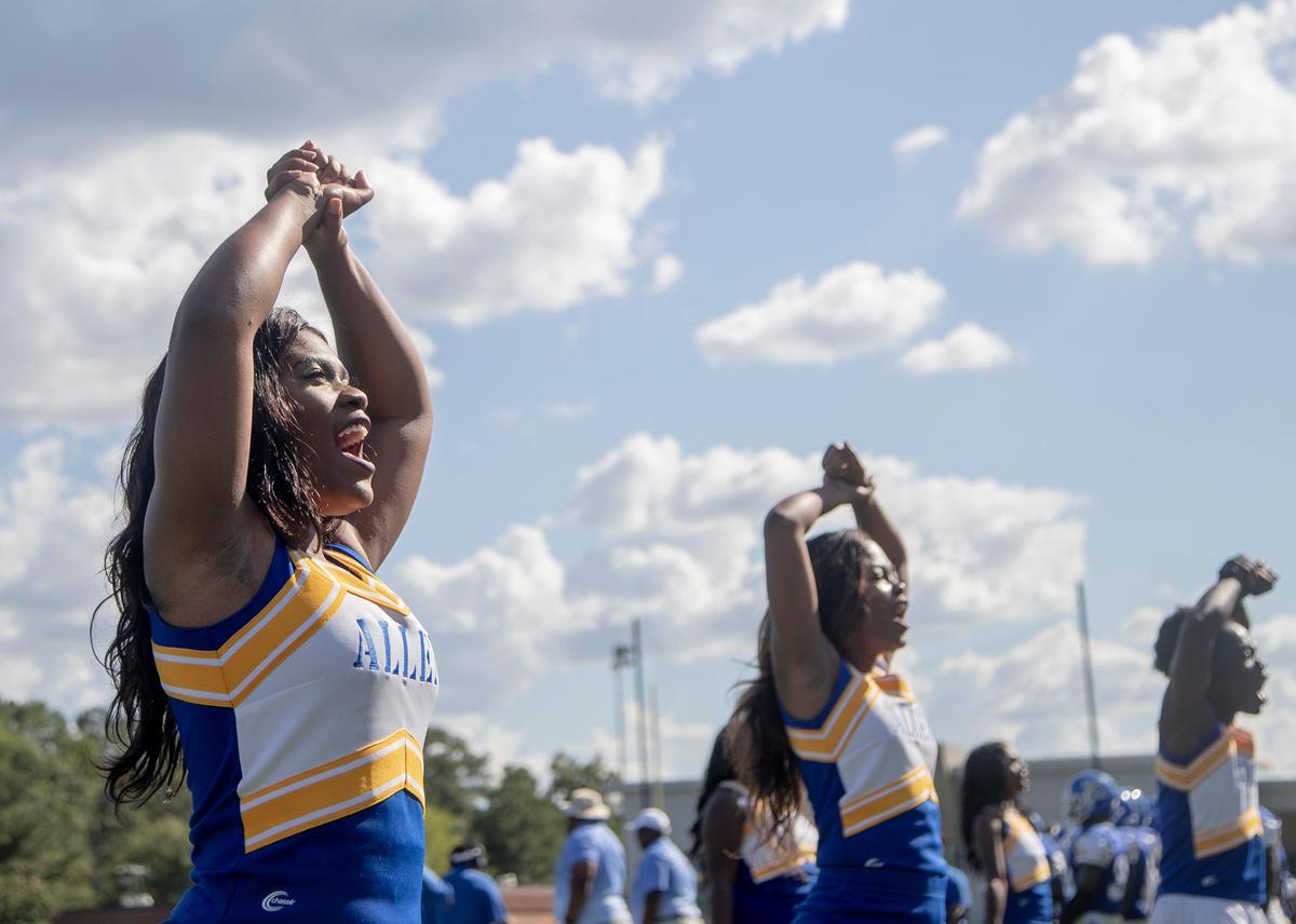 Allen University cheerleader Takeisha Darby cheers for the team during the game against Columbus State University at W. C. Hawkins Stadium Saturday Sept. 1, 2018, in Columbia, SC.