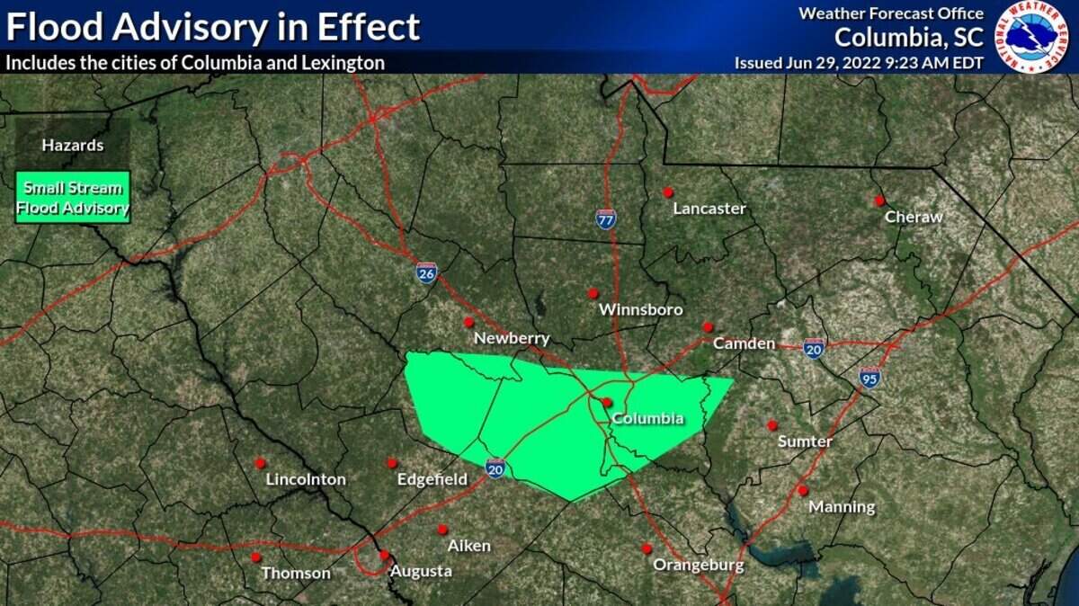 The National Weather Service issued a flood advisory for parts of the Midlands, including the Columbia area, on Wednesday, June 29, 2022.