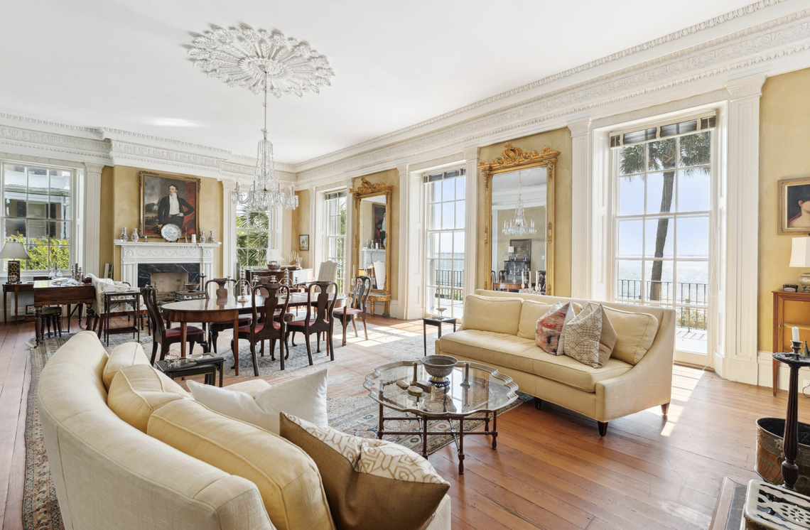 The sitting room runs the width of the house and is said to be largest in a residence in Charleston.