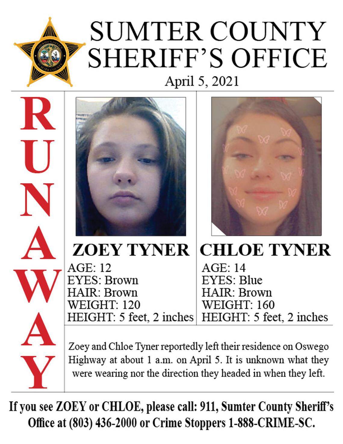 Zoey, left, and Chloe Tyner were reported missing by the sheriff’s office.