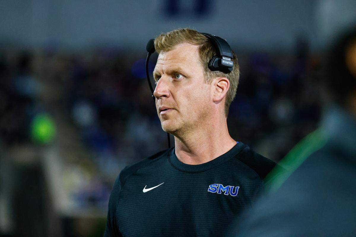 Oct 26, 2024; Durham, North Carolina, USA; Southern Methodist Mustangs head coach Rhett Lashlee during the first half of the game against Duke Blue Devils at Wallace Wade Stadium.