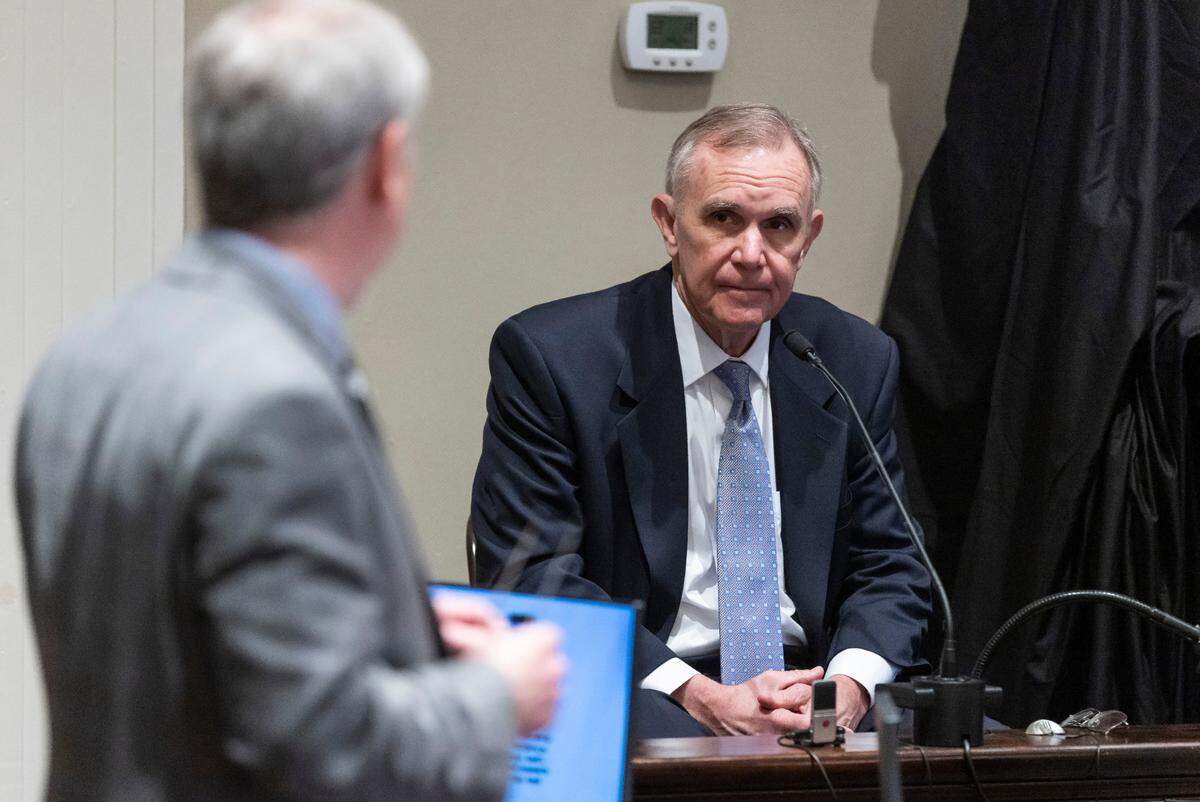Palmetto State Bank CEO Jan Malinowski answers questions by prosecutor Creighton Waters during Alex Murdaugh’s during his double murder trial at the Colleton County Courthouse in Walterboro, S.C., Tuesday, Feb. 3, 2023. The 54-year-old attorney is standing trial on two counts of murder in the shootings of his wife and son at their Colleton County home and hunting lodge on June 7, 2021. (Sam Wolfe/The State, Pool)