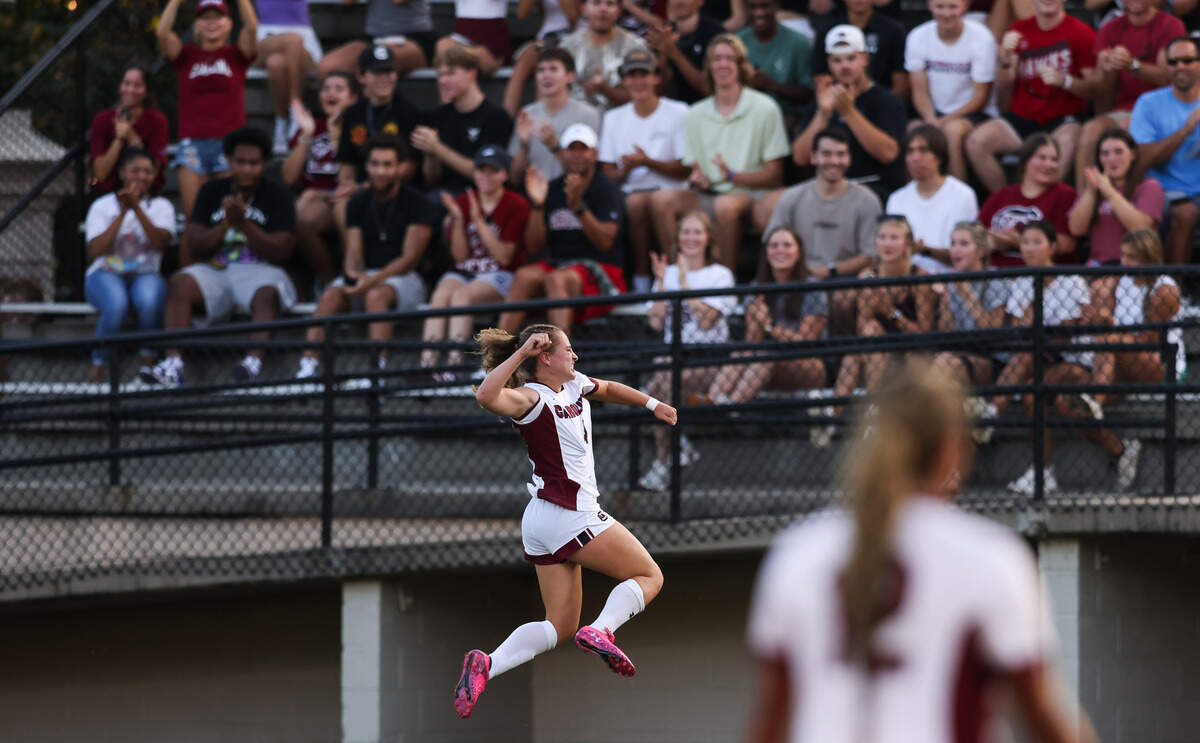 Katie Shea Collins (4) of South Carolina reacts after scoring during South Carolina’s match against the University of South Florida on Sunday, August 17, 2025.