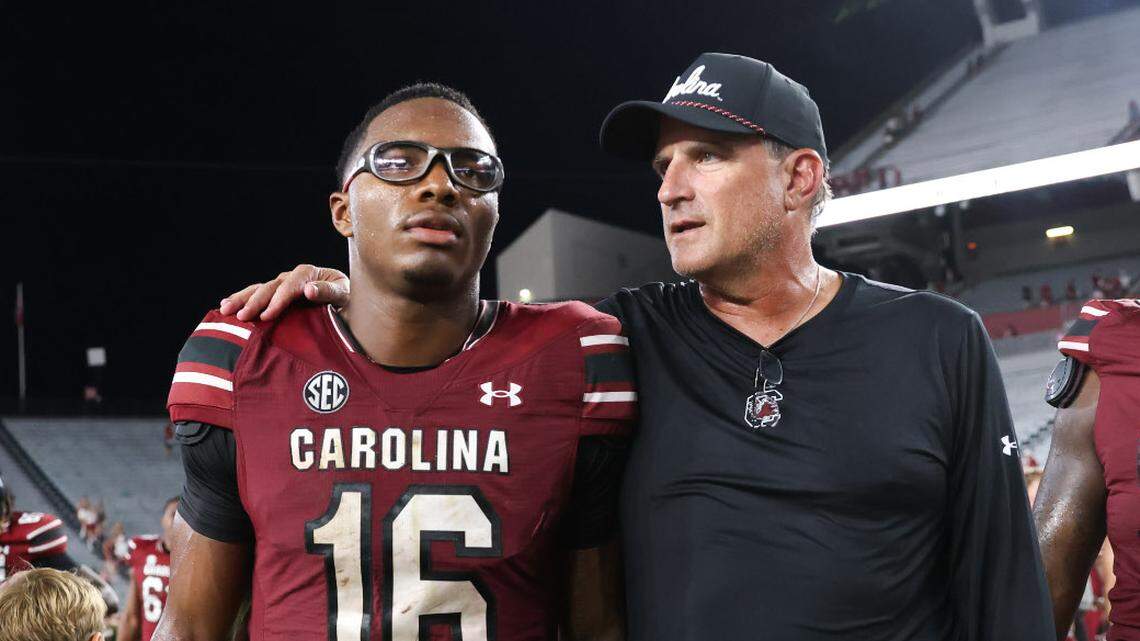 South Carolina quarterback LaNorris Sellers (16) speaks with senior offensive assistant coach Mike Shula following the Gamecocks’ season opener against Old Dominion in Columbia on Saturday, August 31, 2024.