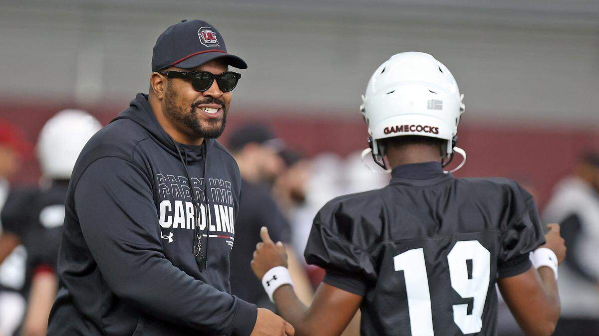 South Carolina assistant coach Travian Robertson during a 2026 spring football practice.