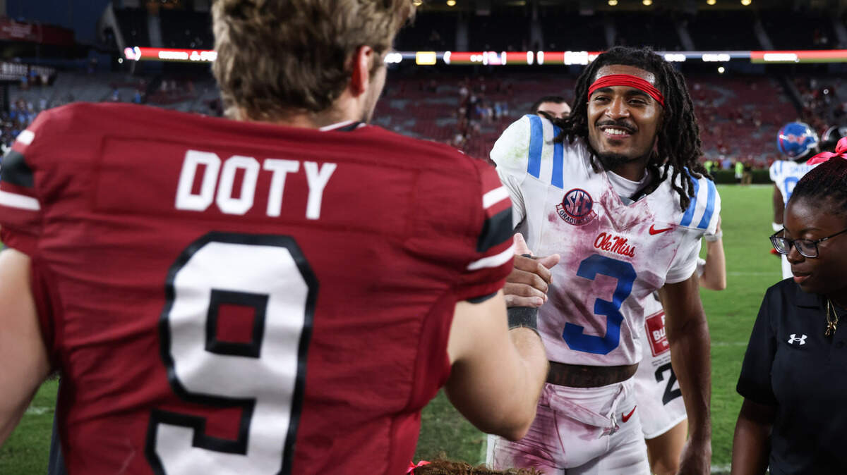 Mississippi wide receiver Antwane Wells Jr. (3) is greeted by South Carolina’s Luke Doty (9) following the Gamecocks’ game against Mississippi at Williams-Brice Stadium in Columbia on Saturday, October 5, 2024.