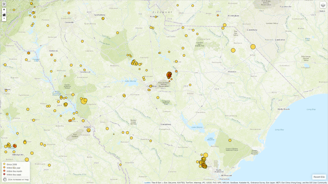 A map of recent earthquakes in South Carolina