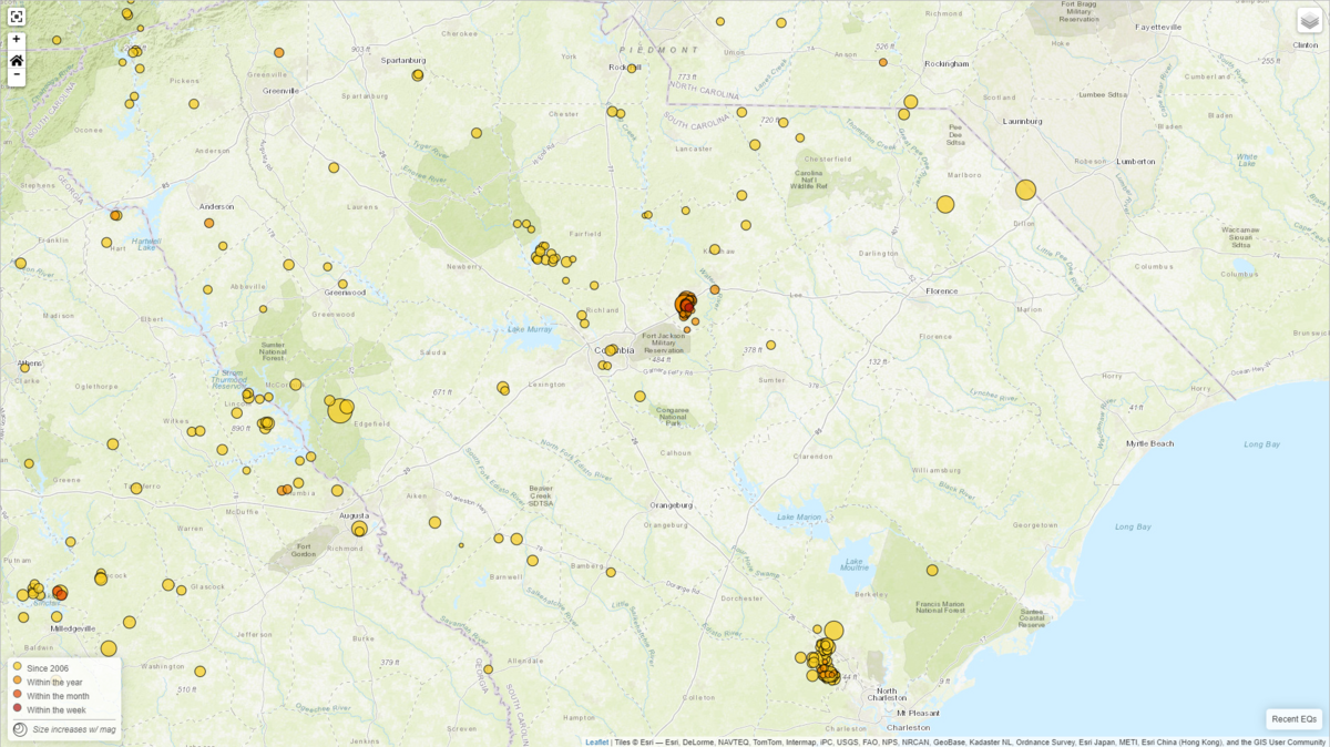 A map of recent earthquakes in South Carolina