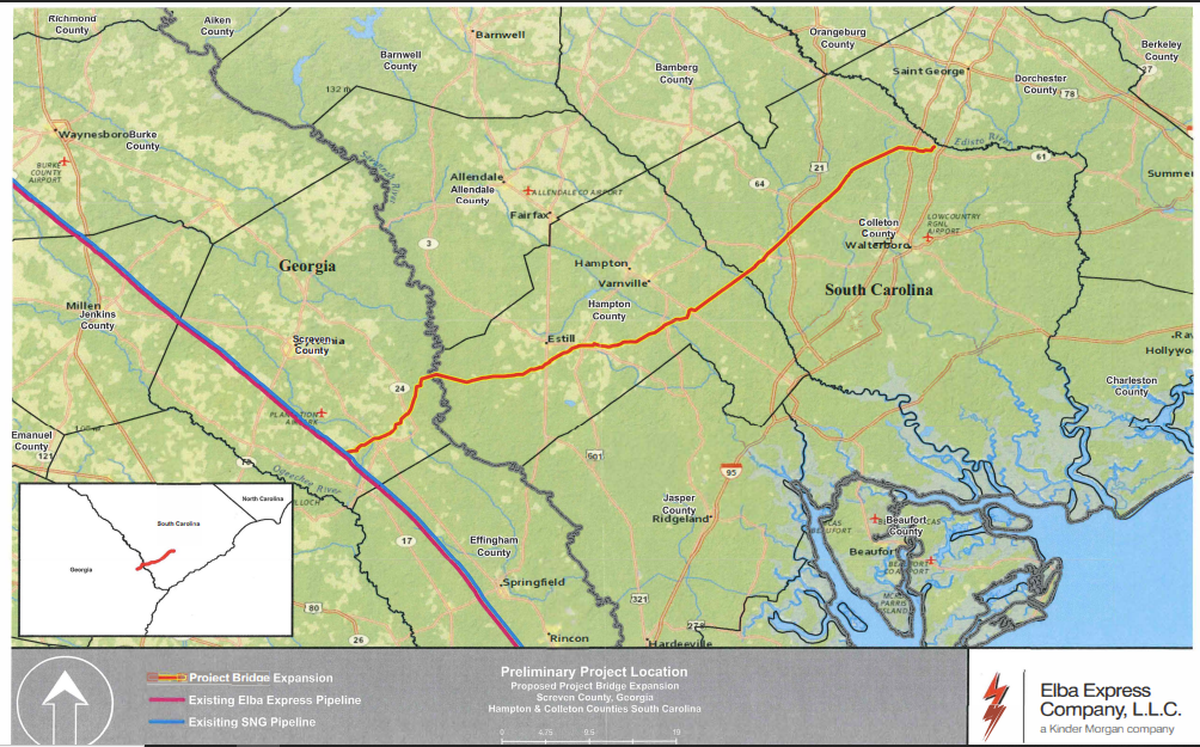 A new pipeline would slice through areas targeted for protection as part of the ACE Basin nature preserve of South Carolina under plans for a huge natural gas plan near Canadys. This map, obtained by the Coastal Conservation League, is the expected route.