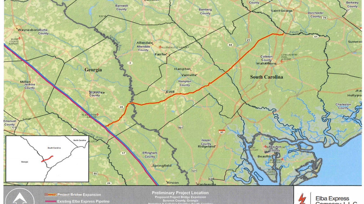 A new pipeline would slice through areas targeted for protection as part of the ACE Basin nature preserve of South Carolina under plans for a huge natural gas plan near Canadys. This map, obtained by the Coastal Conservation League, is the expected route.