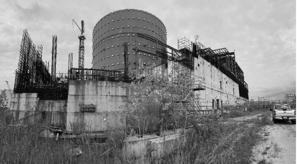The unfinished Unit 2 reactor containment building at the V.C. Summer nuclear plant, September 2024. The nuclear expansion project was never finished. It was abandoned in 2017 amid construction delays and cost overruns.