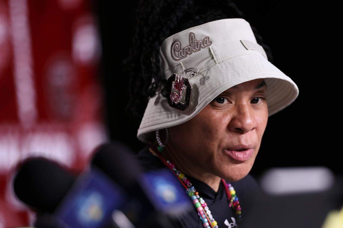University of South Carolina Head Coach Dawn Staley speaks during a press conference in advance of the NCAA National Championship at Amalie Arena in Tampa, Fla. on Saturday, April 5, 2025.