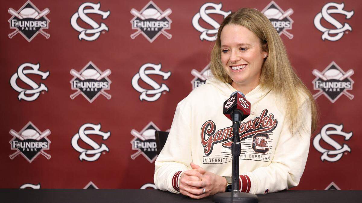 South Carolina softball coach Ashley Chastain Woodard answers questions during Media Day at Founders Park in Columbia on Thursday, January 22, 2026.