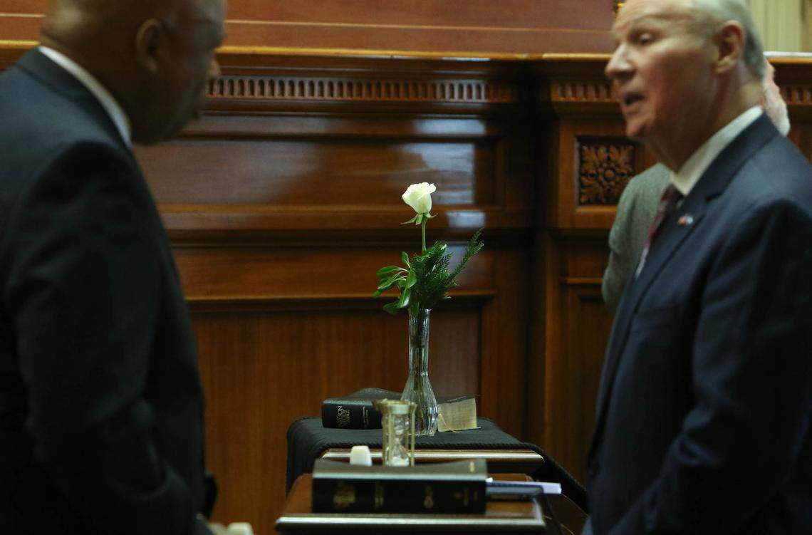 A rose in memory of Sen. Hugh Leatherman, R-Florence, sits on his desk in the senate chambers on Monday, Dec. 6, 2021