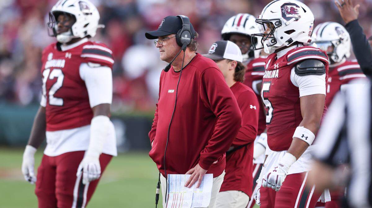 South Carolina offensive coordinator Mike Shula looks on during the Gamecocks’ game against Alabama at Williams-Brice Stadium in Columbia on Saturday, October 25, 2025.