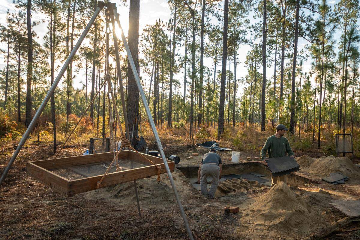 Archaeologists prepare a burial excavation unit at Camden for removal of remains.