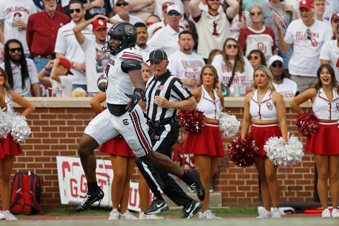 South Carolina’s Nick Emmanwori returns an interception 65 yards for a touchdown in the first quarter against Oklahoma, Saturday, Oct. 19, 2024, at Gaylord Family - Oklahoma Memorial Stadium in Norman, Okla.