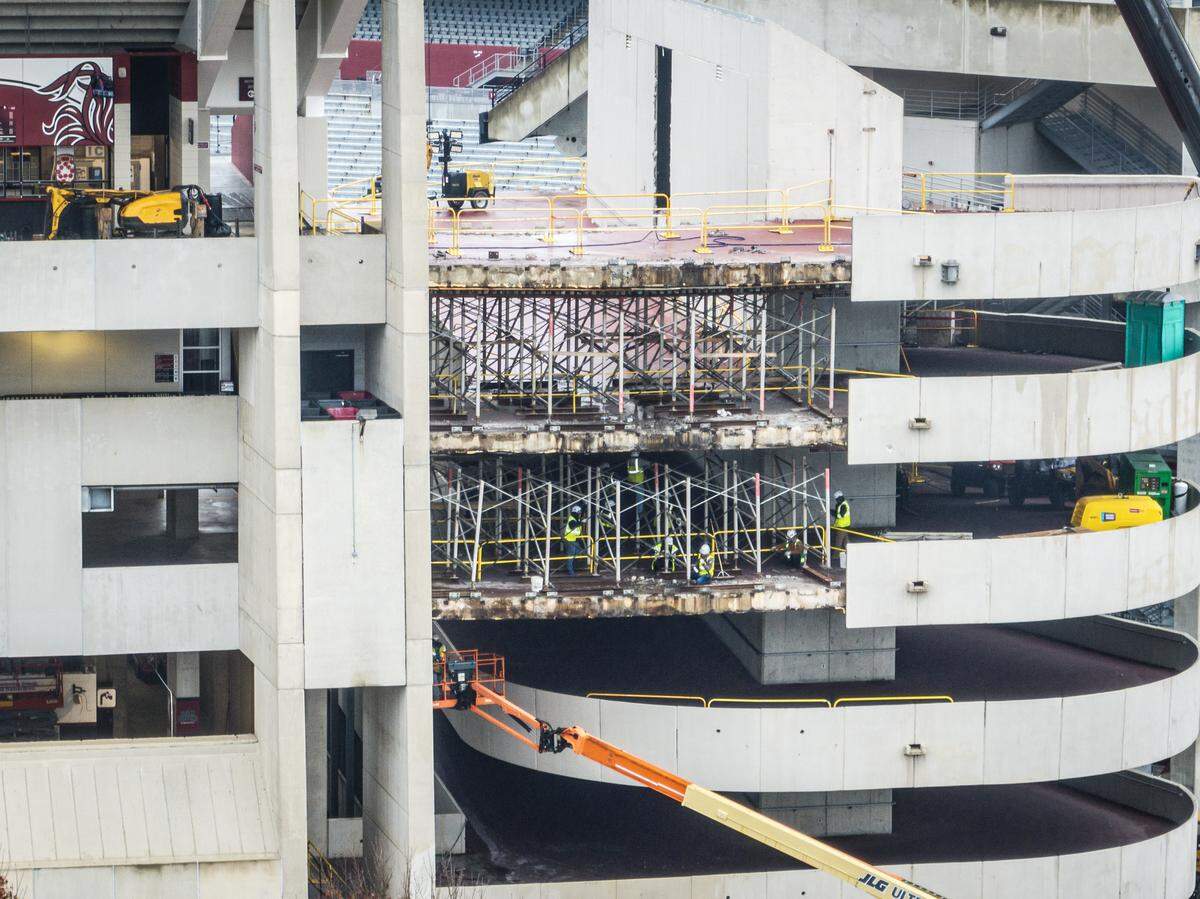 Demolition work is under way at Williams-Brice Stadium to make way for upcoming renovations. Seen here: Demolition of the southeast ramps. 