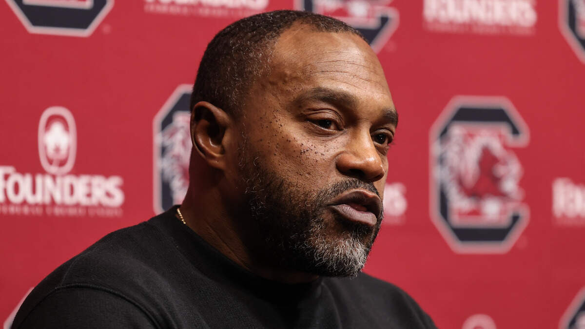 South Carolina running backs coach Stan Drayton speaks during a press conference in Columbia on Friday, December 12, 2025.