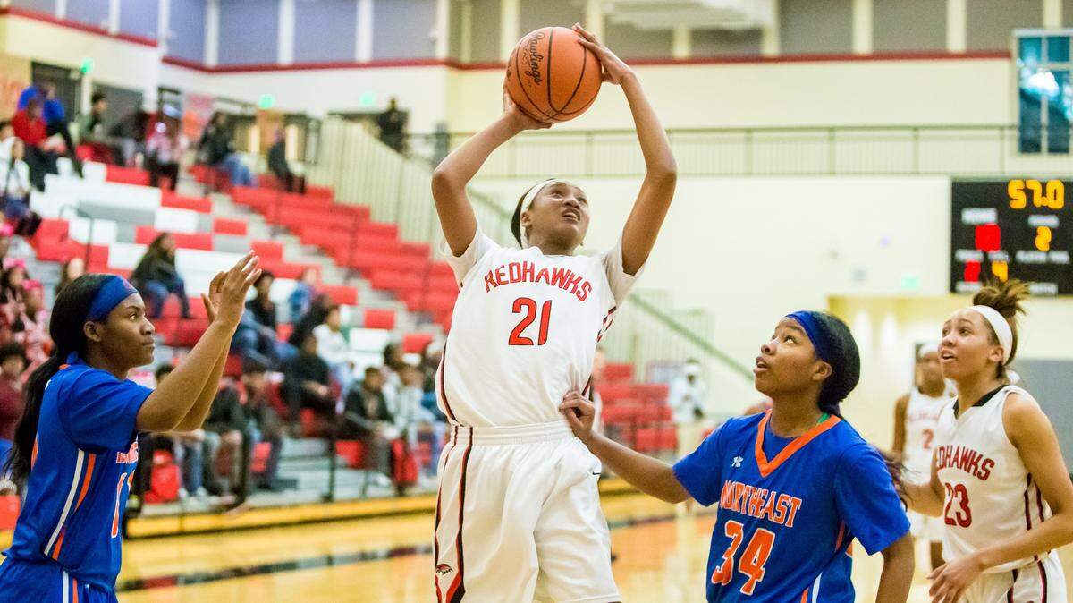 Westwood’s Nyah Leveretter shoots against Richland Northeast in their game last season.