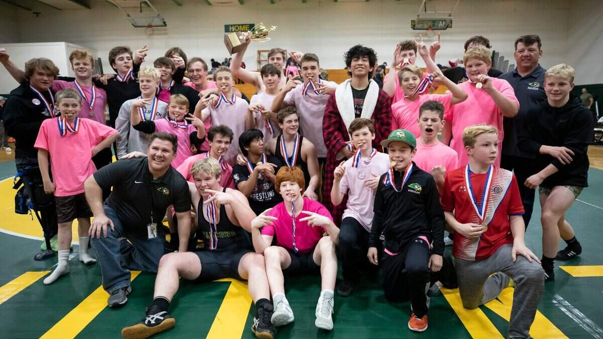 Members of the Ben Lippen wrestling team celebrate their win over the Hammond School in the SCISA 2022 Duals State Wrestling Tournament at Ben Lippen on Saturday, February 5, 2022.