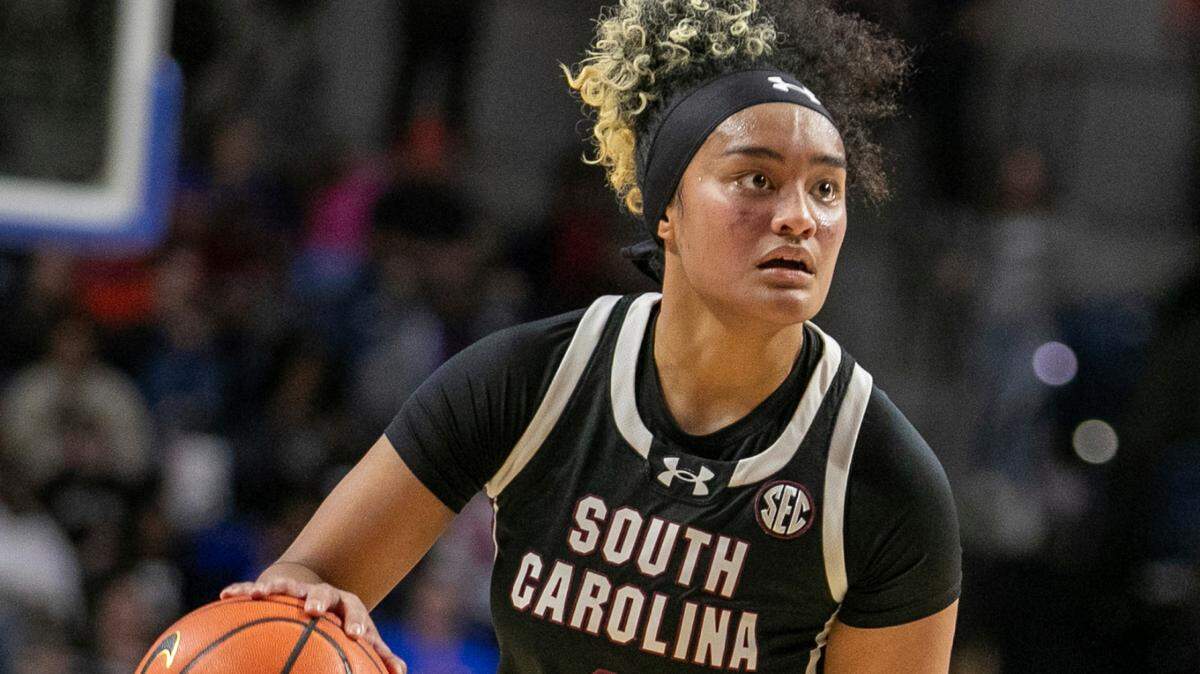 South Carolina guard Te-Hina Paopao (0) brings the ball downcourt in the second half of an NCAA college basketball game against Florida, Thursday, Jan. 4, 2024, in Gainesville, Fla.