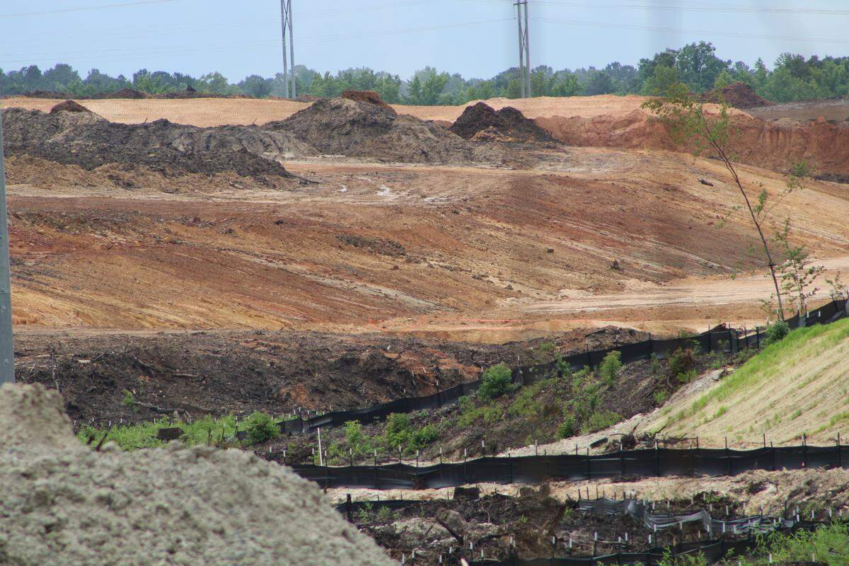 The Scout Motors project in Blythewood, SC should bring 4,000 jobs to the state and help the economy. But it has taken a toll on the environment. Much of the land for the project has been stripped of vegetation and wetlands have been filled in. (photo from June 2024)