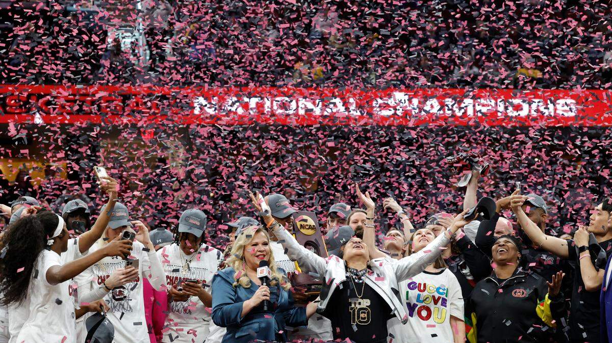 South Carolina celebrates winning the national championship game at the Rocket Mortgage FieldHouse in Cleveland, Ohio on Sunday April 7, 2024.