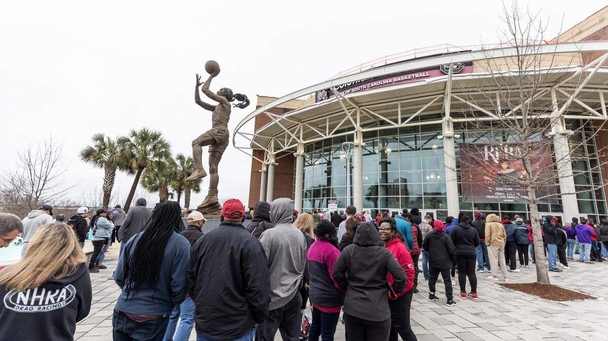 Fans line up outside of Colonial Life Arena before South Carolina’s game against the visiting LSU Tigers in Columbia on Sunday, February 12, 2023.
