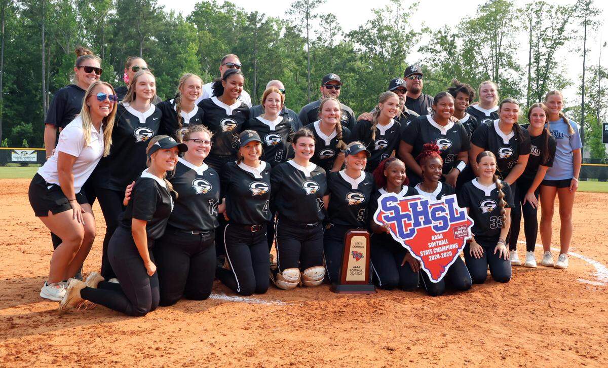 Gray Collegiate celebrates the 2025 Class 4A softball state championship win on Saturday, May 31. The War Eagles defeated York 5-2.