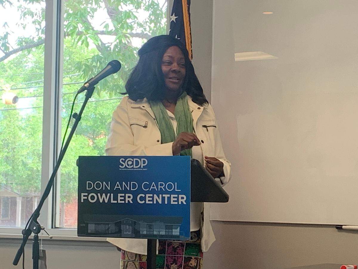 Catherine Fleming Bruce, a candidate for S.C. Democratic Party chair, speaks to the South Carolina College Democrats on Sunday April 16, 2023.