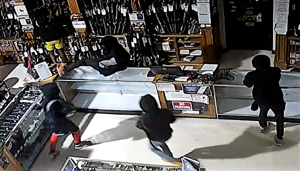 Surveillance footage shows people breaking into a hardware store where guns were stolen, Sumter police said.