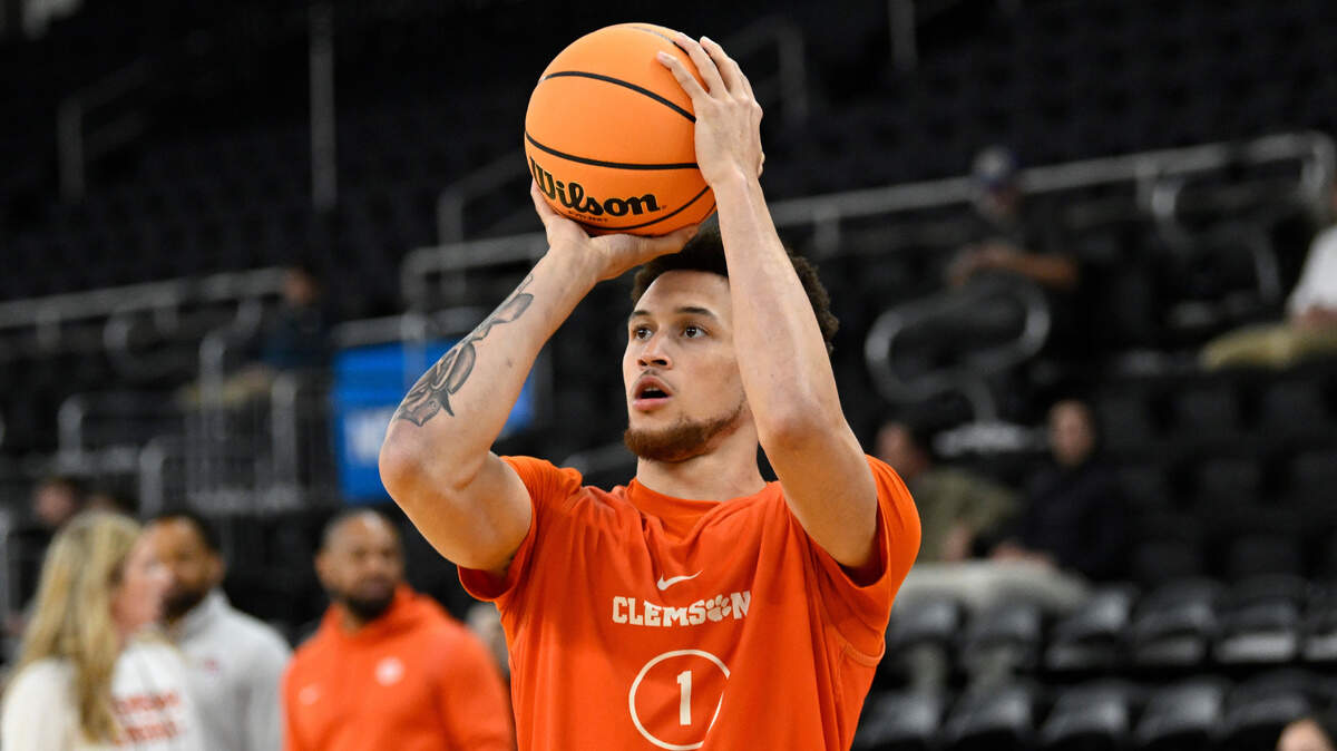 Mar 19, 2025; Providence, RI, USA; Clemson Tigers guard Chase Hunter (1) practices at Amica Mutual Pavilion.
