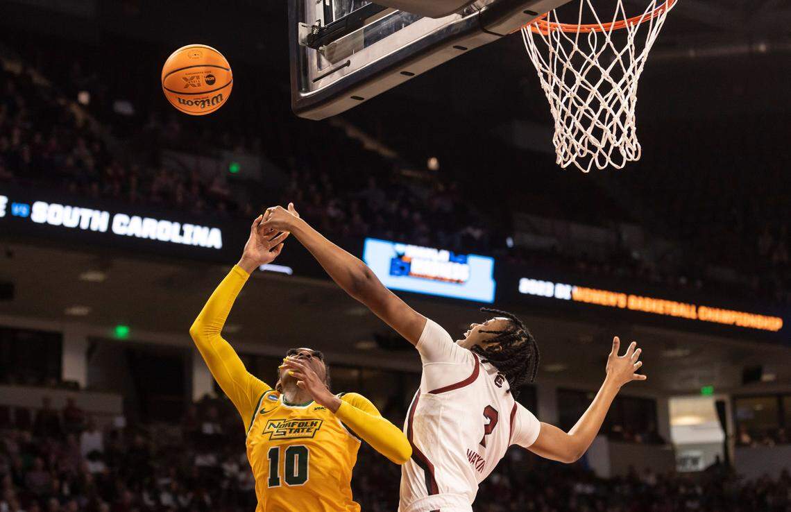 South Carolina Gamecocks forward Ashlyn Watkins (2) blocks a shot by Norfolk State Spartans forward Mahoganie Williams (10) during the first round of the 2023 NCAA Tournament at Colonial Life Arena in Columbia on Friday, March 17, 2023.