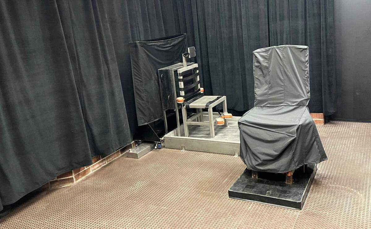 The death chamber inside of the Broad River Correctional Institution in Columbia, South Carolina, contains both the metal chair used in execution by firing squad, left, and the wooden electric chair, right.