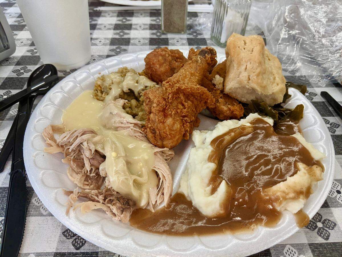 The buffet at Carolina Buffet is all you can eat. Here, there’s fried chicken (of course), turkey and gravy, mashed potatoes and gravy, cornbread dressing, greens, biscuits and more.