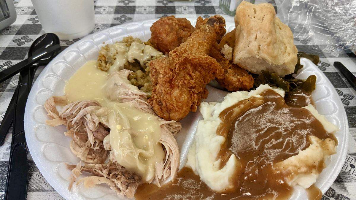 The buffet at Carolina Buffet is all you can eat. Here, there’s fried chicken (of course), turkey and gravy, mashed potatoes and gravy, cornbread dressing, greens, biscuits and more.