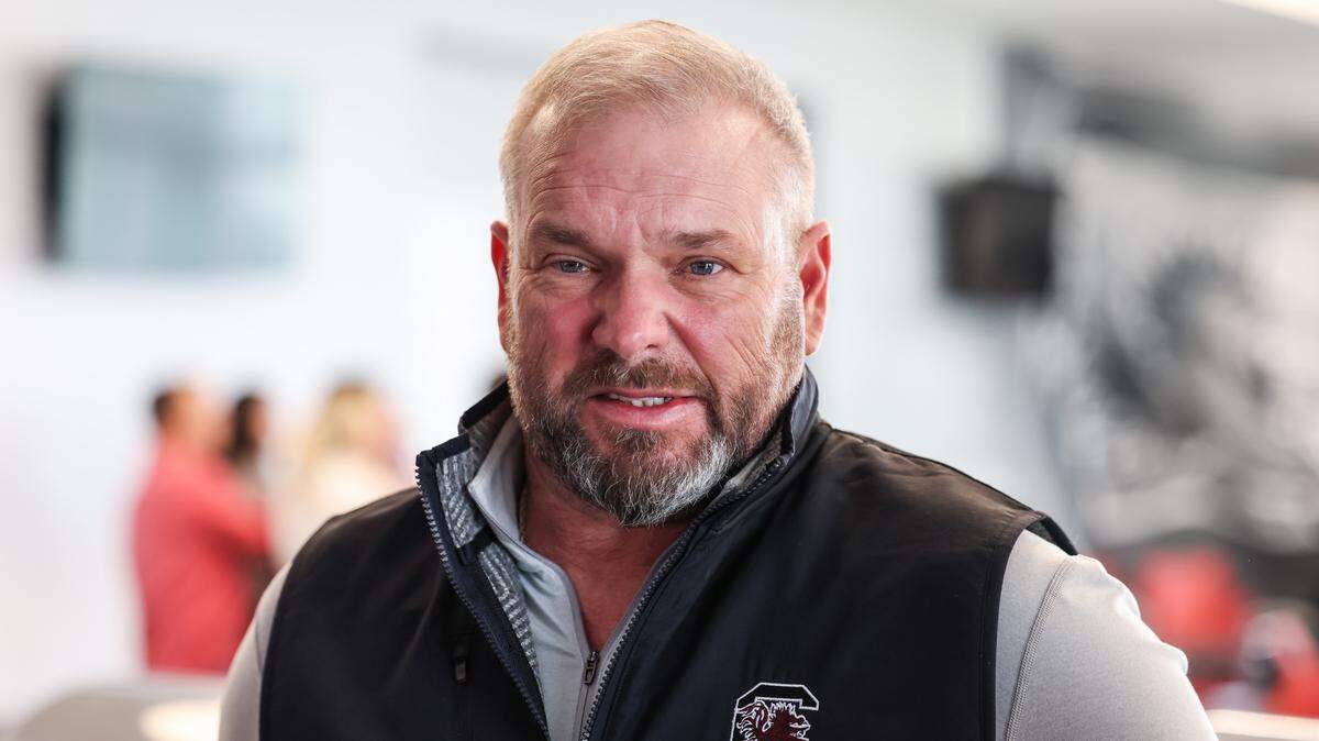 South Carolina offensive line coach Randy Clements speaks during a press conference in Columbia on Friday, December 12, 2025.