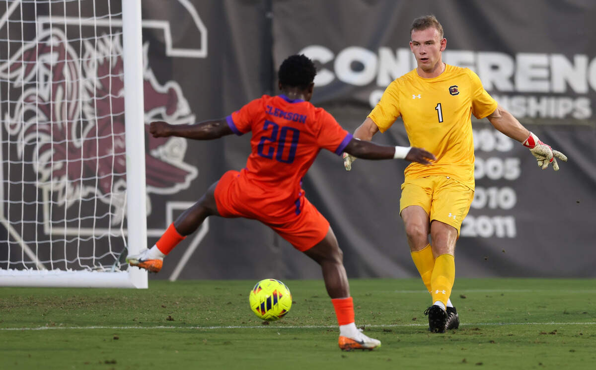 South Carolina goalkeeper Filip Versterre (1) defends against Clemson defender Ransford Gyan (20) during the Gamecocks’ game against Tigers in Columbia on Friday, August 30, 2024.