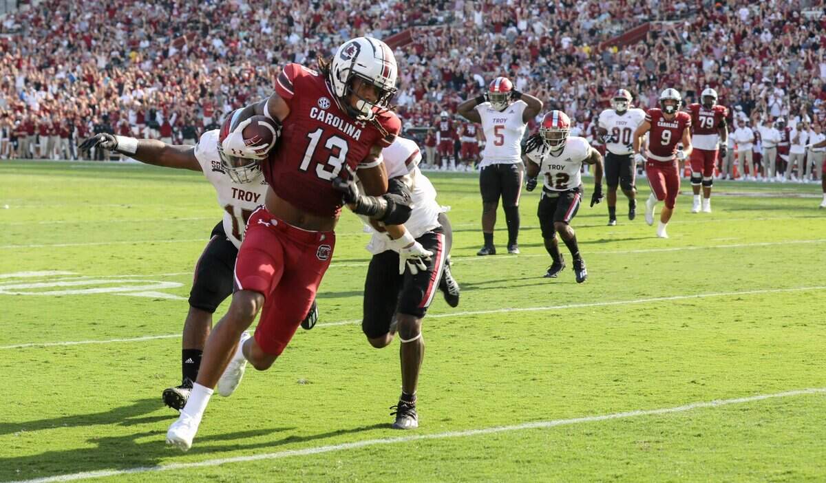 South Carolina’s wide receiver E.J. Jenkins scores a touchdown during the first half of action as the Gamecocks take on Troy on Saturday, Oct. 2, 2021 at Williams-Brice Stadium.