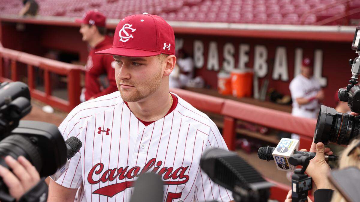 Beau Hollins (15) of South Carolina is interviewed during Media Day at Founders Park in Columbia on Thursday, January 22, 2026.